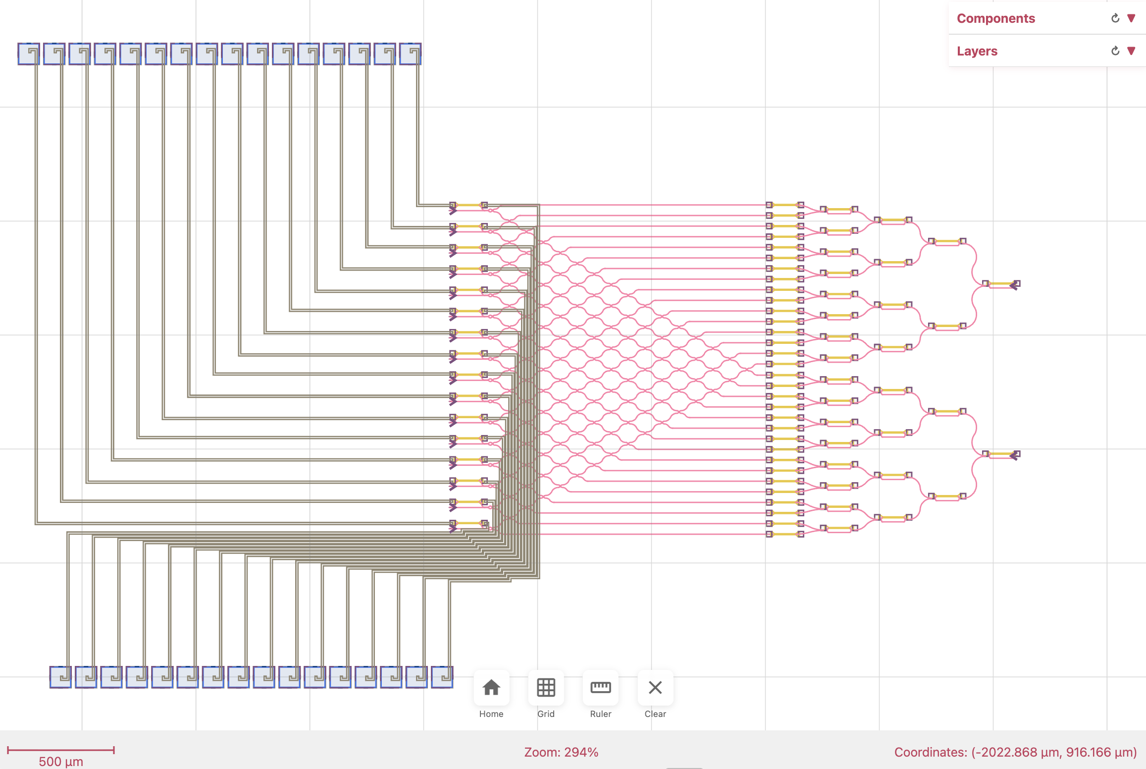 PhotonForge layout view of the final routing, foundry-ready