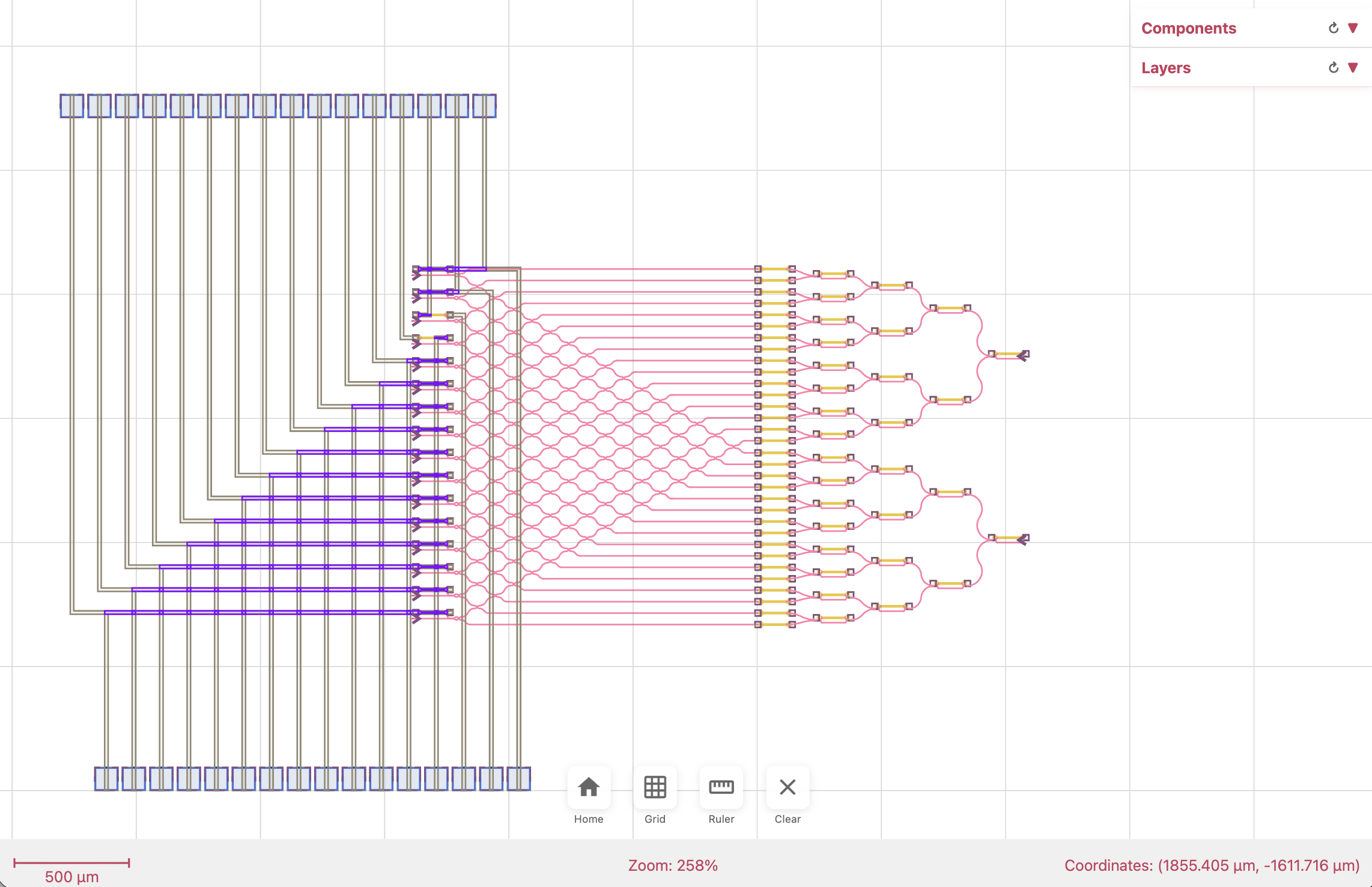 PhotonForge layout view of the naive starting routing