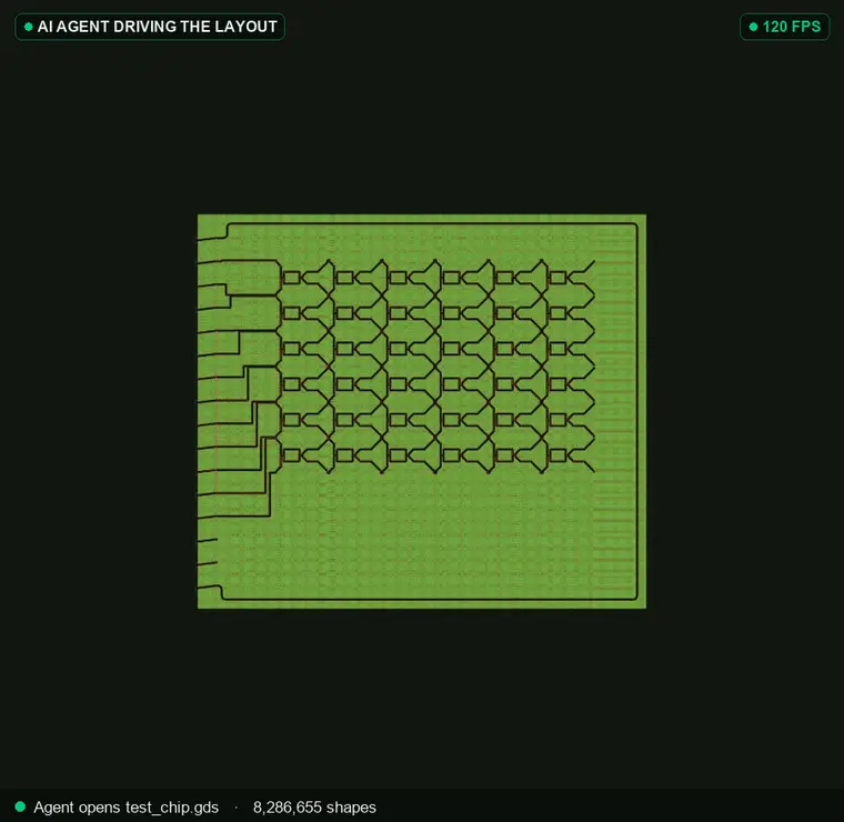 An AI agent driving the PhotonForge LiveViewer by opening a chip, reading the hierarchy, zooming into an MZI array, isolating a waveguide layer, and inspecting devices
