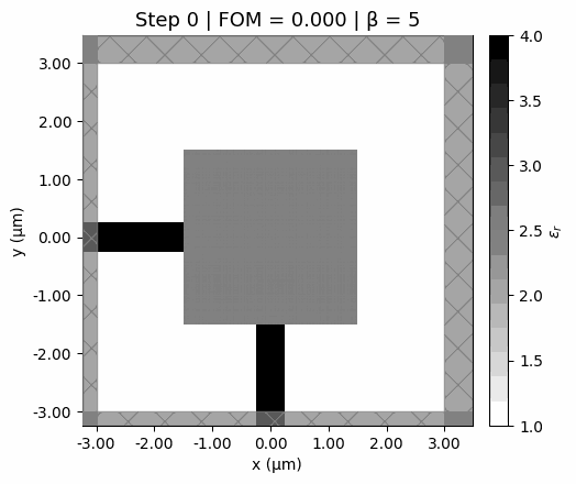 Animated evolution of the design over the optimization run, starting from a uniform gray design and sharpening into the final binary structure.