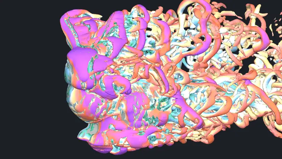 An animation of colored vortex tubes shedding off the bunny and drifting downstream.