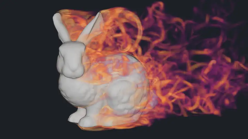 An animation of a glowing orange and purple volume of vorticity swirling behind the bunny.