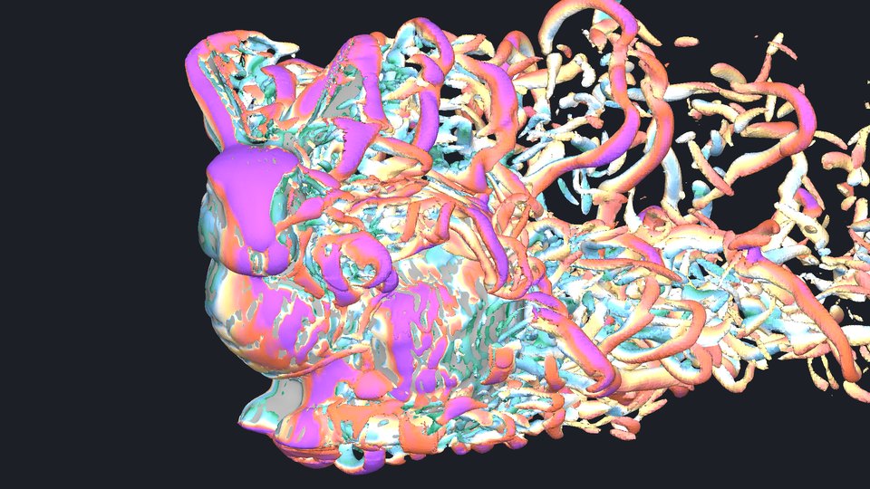Thin colored vortex cores behind the bunny.