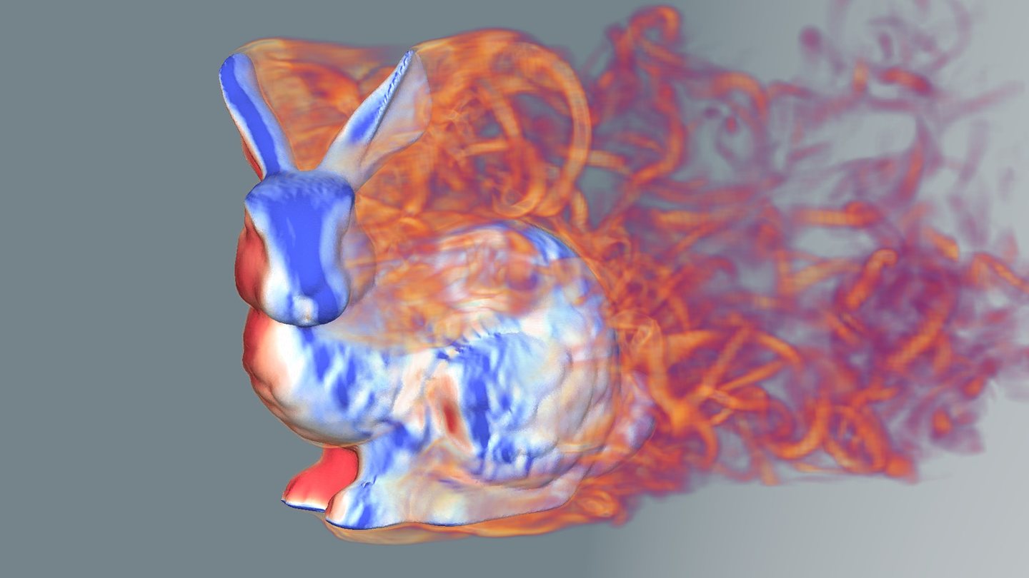 The Stanford bunny colored by surface pressure, with an orange and purple glowing volume of vorticity trailing behind it.