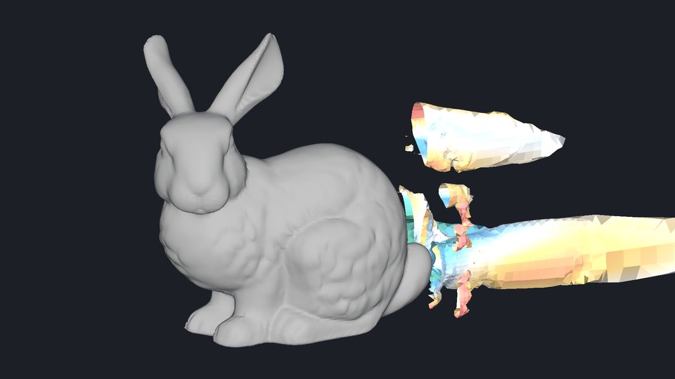 Two colored vortex tubes trailing behind the bunny.