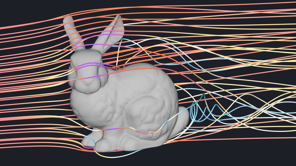 Colored tubes flowing around the bunny from rakes upstream and coiling in the wake behind it.