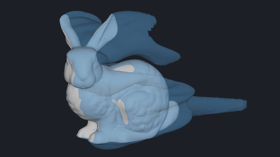 A translucent skin over parts of the bunny, with lobes trailing off the ears, head and haunch.