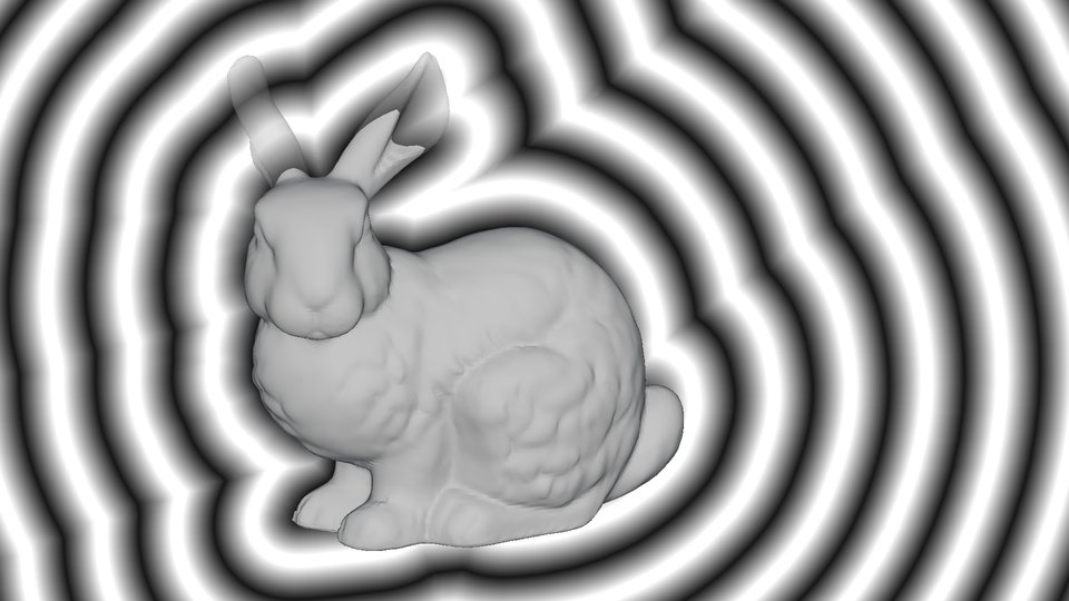 Alternating light and dark bands spreading outward from the bunny's surface.