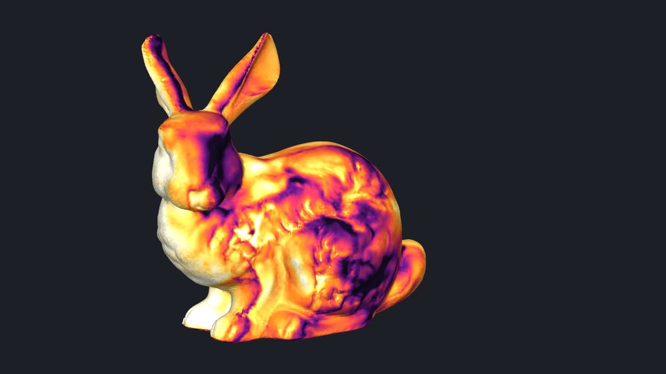 The bunny glowing white and orange on its chest and forepaws and purple over its back.