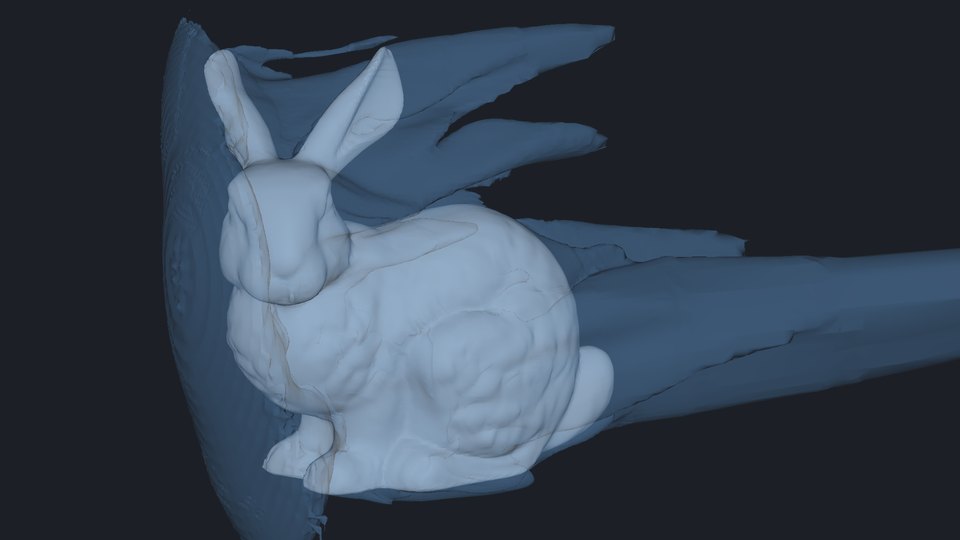 A translucent surface wrapping the bunny and trailing into the wake.