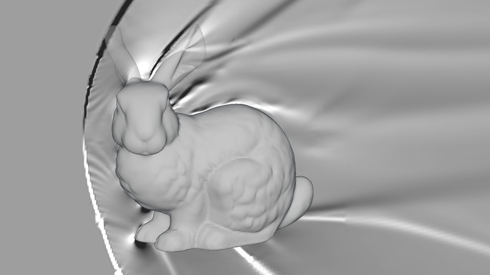 A gray slice where the bow shock reads dark above the bunny and light below it.