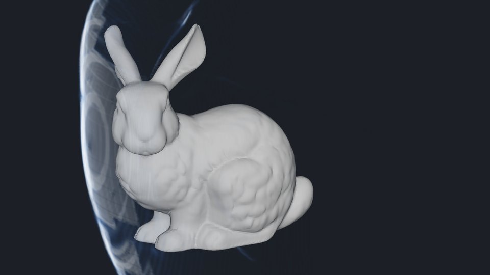 A glowing translucent shell curving around the bunny's head and chest.