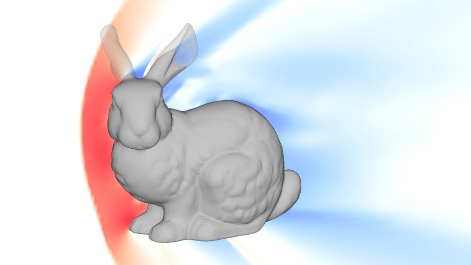 A center-plane slice with red compression behind the bow shock and blue expansion over the back.