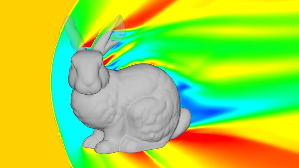 A center-plane slice colored by Mach number, showing the bow shock ahead of the bunny and the subsonic pocket behind it.