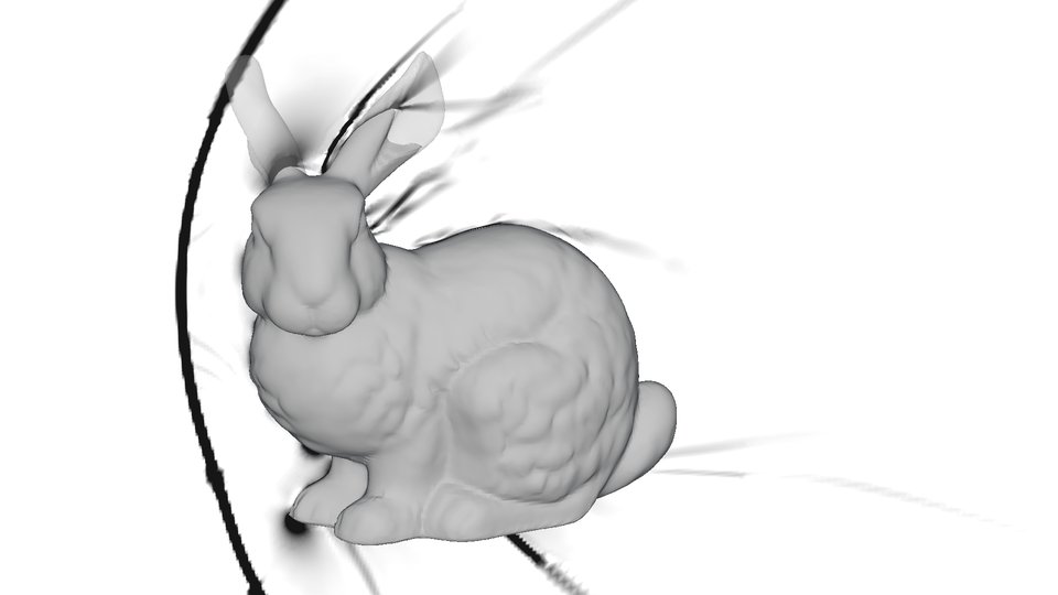 A white slice with the bow shock drawn as a black arc and fainter shocks and waves around the bunny.