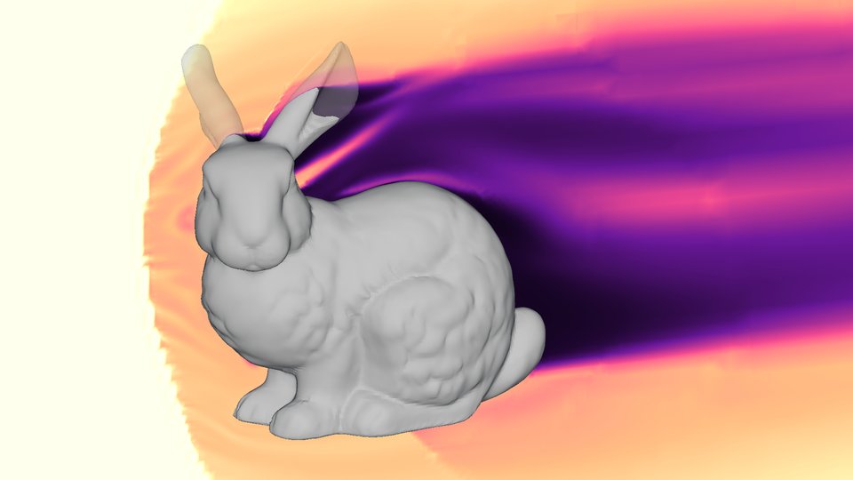 A center-plane slice showing total-pressure loss behind the shock and darkest in the wake.
