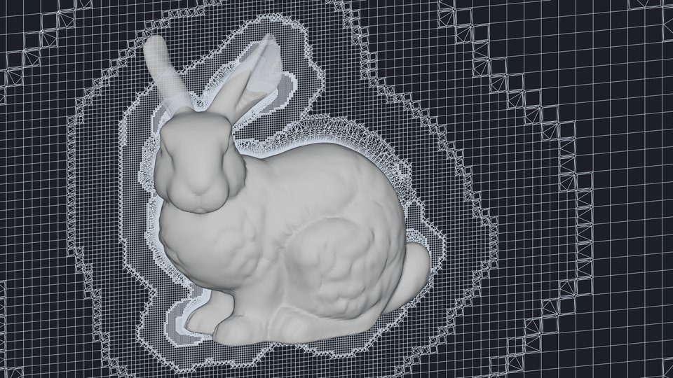 The volume mesh on the center plane: square cells shrinking in steps toward the bunny and thin layers hugging its surface.
