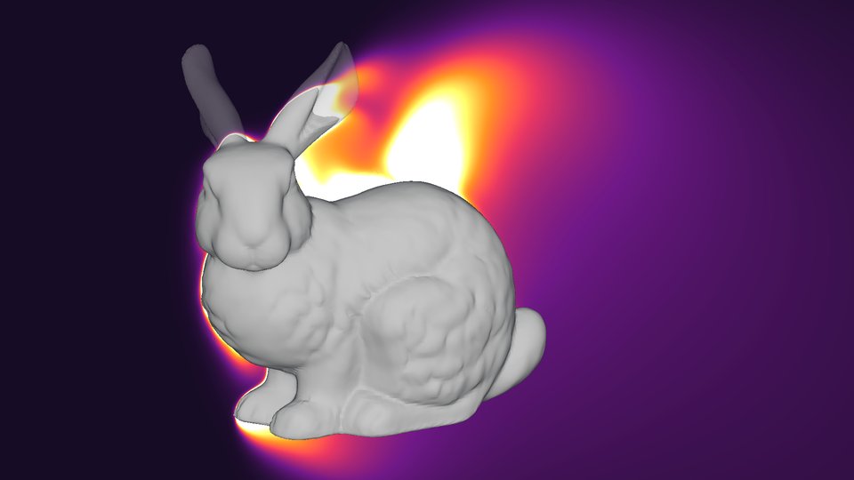 A center-plane slice showing warm air rising from the bunny's head and back and drifting downstream.