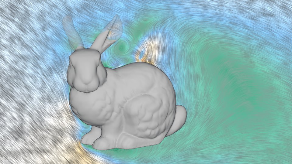 A center-plane slice with streaks showing air drawn upward ahead of the bunny and slow air behind it.