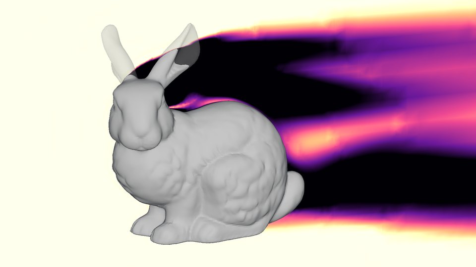 A center-plane slice showing dark total-pressure loss in the boundary layer and the wake.