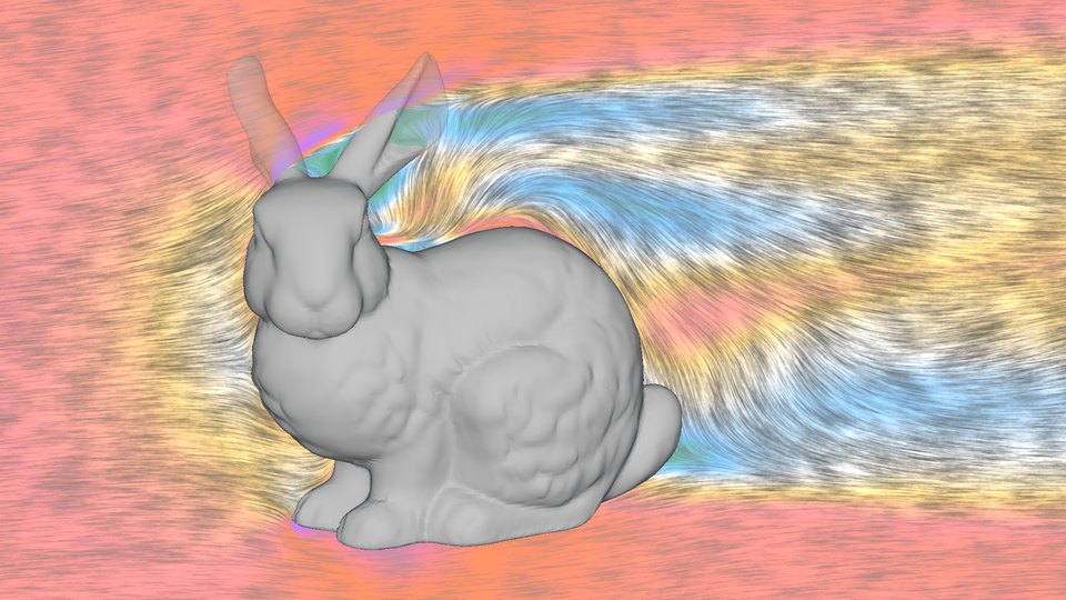 A center-plane slice through the bunny colored by flow speed, with streaks showing direction.