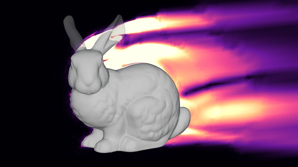 A center-plane slice showing bright shear layers leaving the ears and head and spreading into the wake.