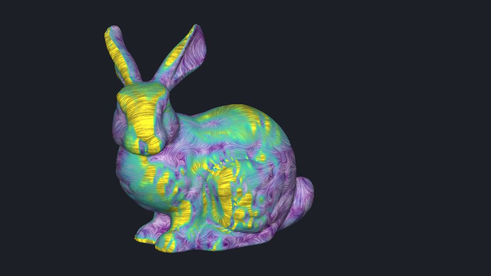 The bunny's surface covered in fine streaks, colored by skin friction.
