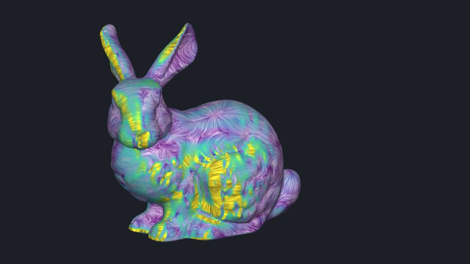 Skin friction streaks on the bunny with transition, darker over the laminar regions.